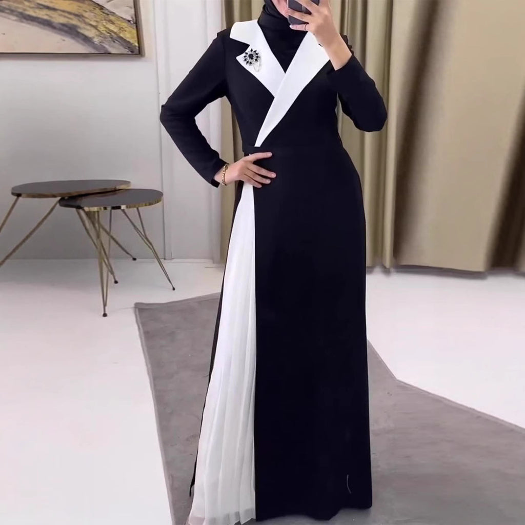 Color blocking patchwork pleated Dubai robe dress for women
