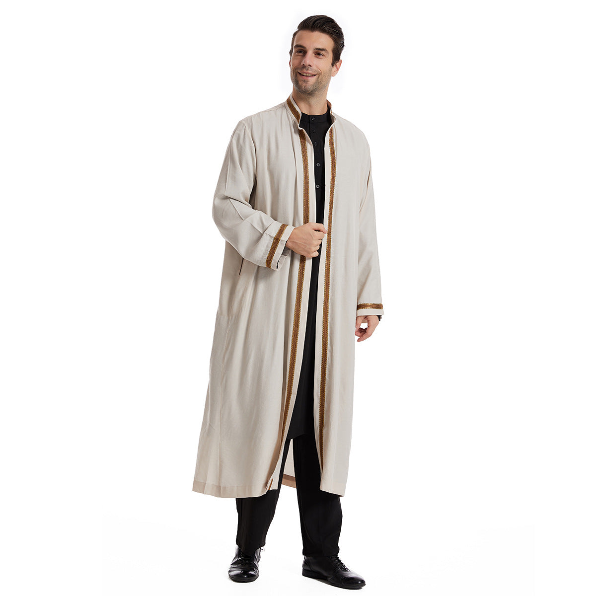 Men Open Abaya Muslim Saudi Jubba Thobe Islamic Clothing Ramadan Kimono Long Sleeve Robe Caftan Dubai Stand Collar Arabic