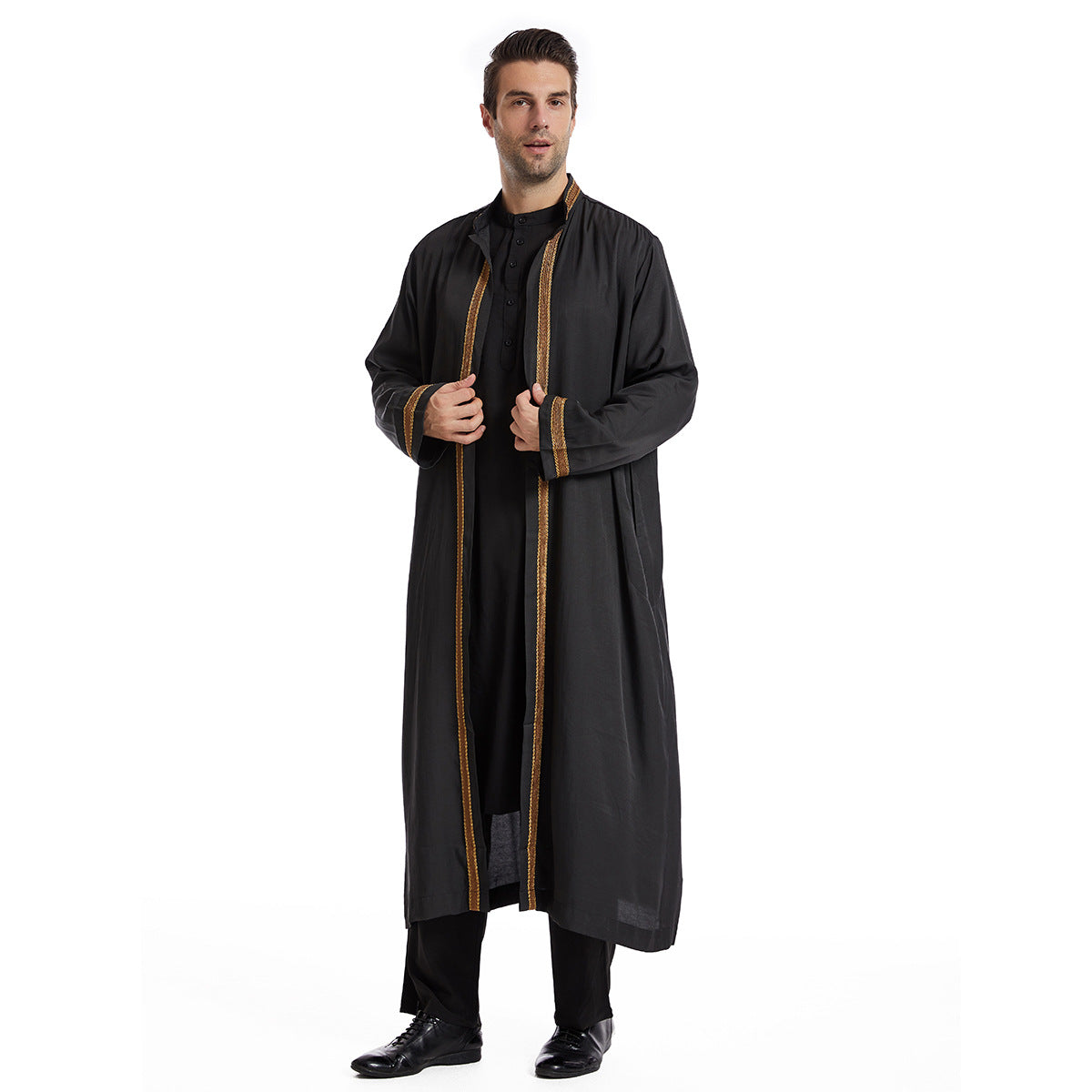 Men Open Abaya Muslim Saudi Jubba Thobe Islamic Clothing Ramadan Kimono Long Sleeve Robe Caftan Dubai Stand Collar Arabic