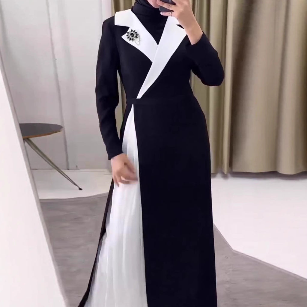 Color blocking patchwork pleated Dubai robe dress for women