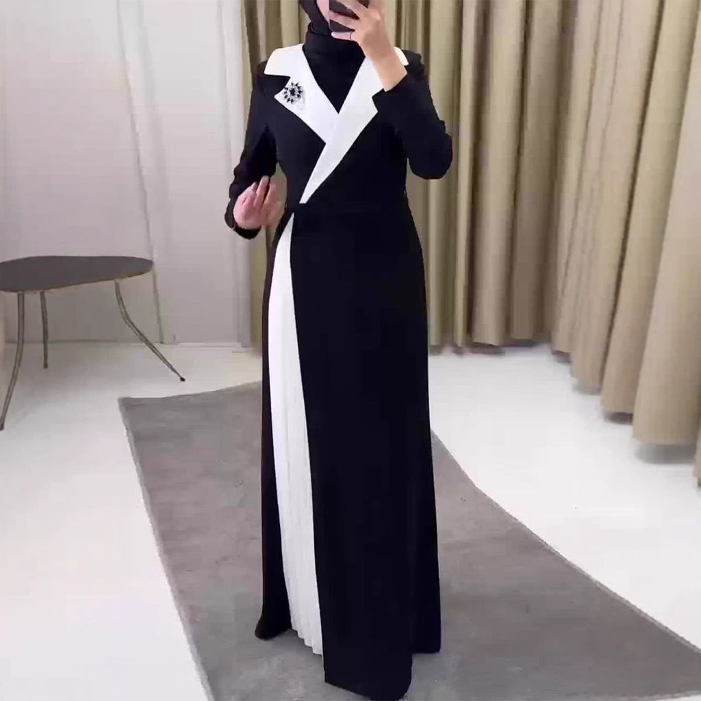 Color blocking patchwork pleated Dubai robe dress for women