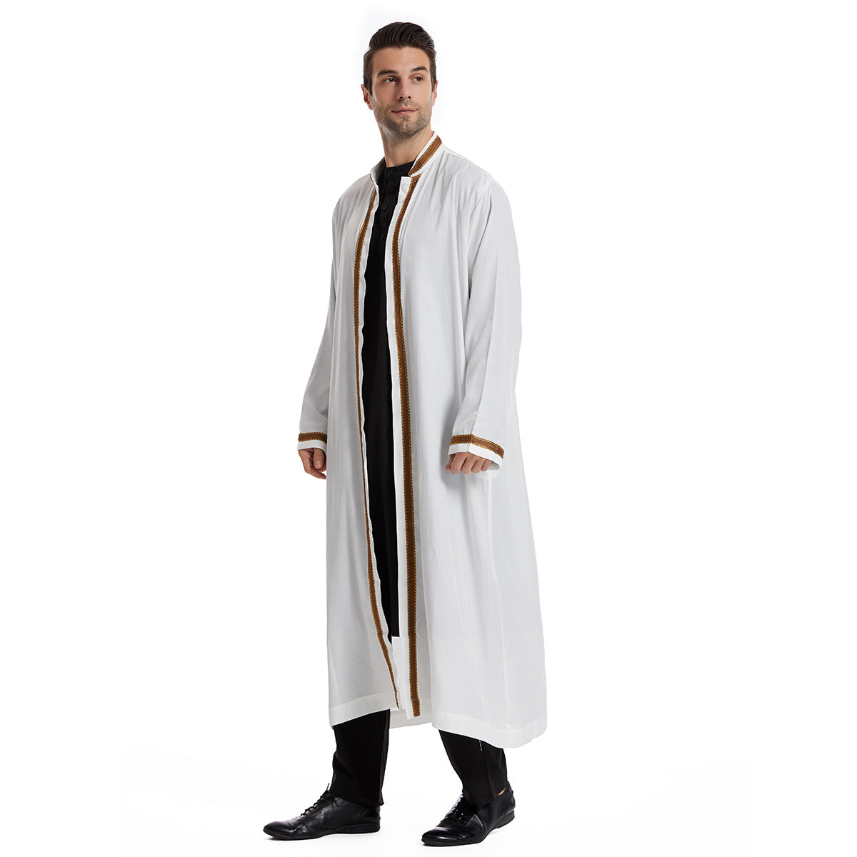 Men Open Abaya Muslim Saudi Jubba Thobe Islamic Clothing Ramadan Kimono Long Sleeve Robe Caftan Dubai Stand Collar Arabic