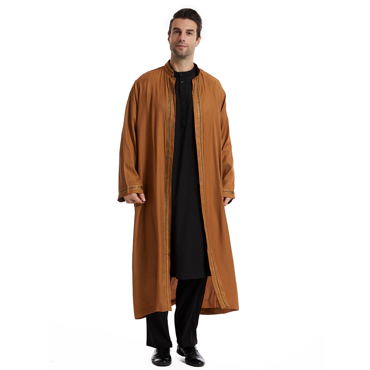 Men Open Abaya Muslim Saudi Jubba Thobe Islamic Clothing Ramadan Kimono Long Sleeve Robe Caftan Dubai Stand Collar Arabic
